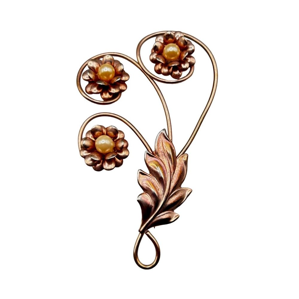 Large Flower with Stem Brooch 1940s Vintage Costume Pin Flower with Faux Pearls